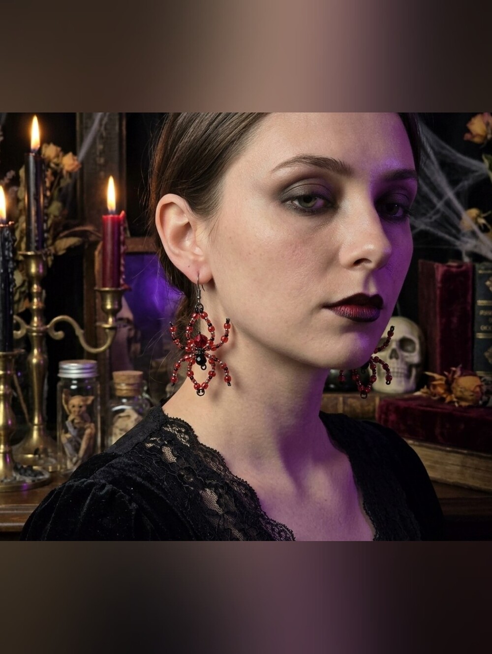 Red Hand Beaded Spider Drop Earrings for Women